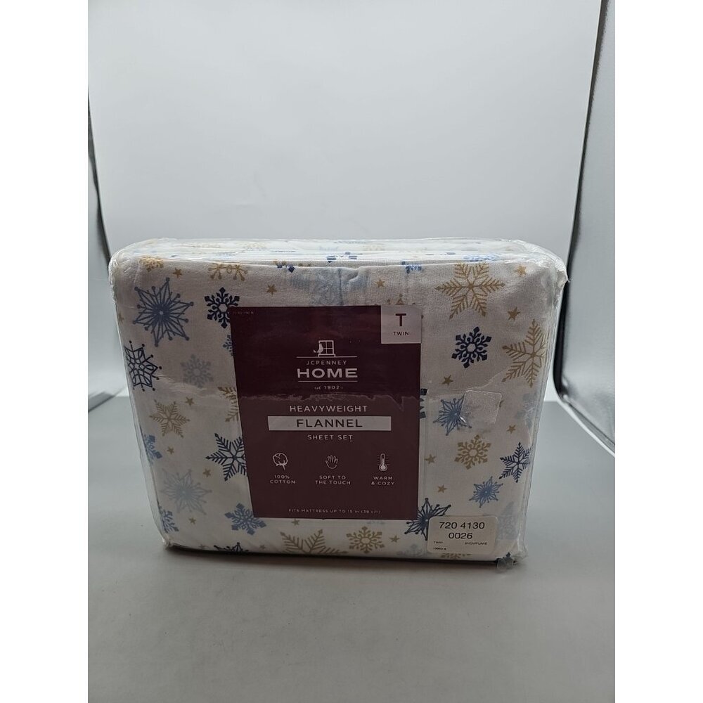 JC Penny Home Christmas  Heavyweight Flannel Sheet Set Snowflake Twin 3 Pc - New